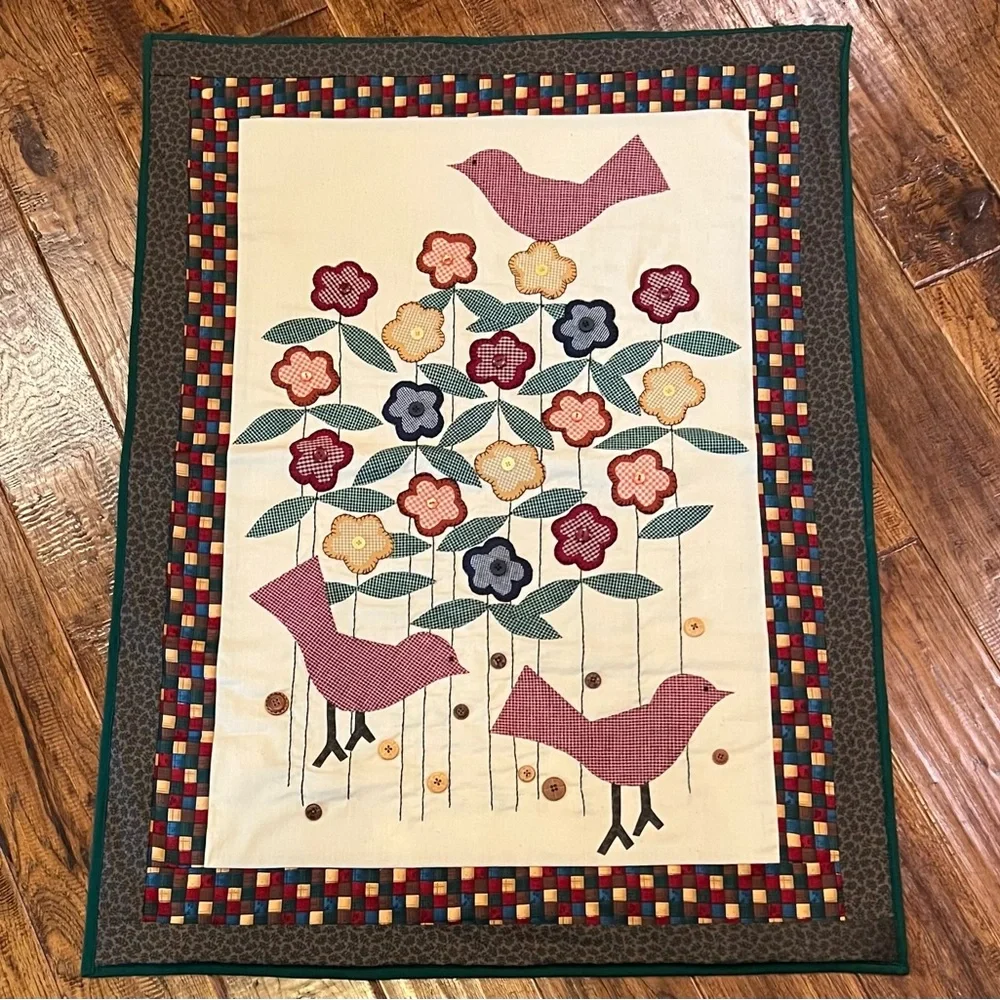 Colorful Birds and Flowers Embroidered Wall Hanging Tapestry or Table Topper